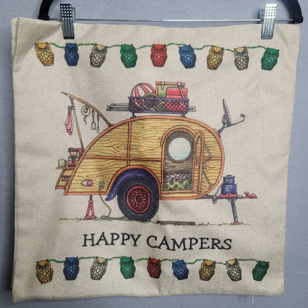 2 Happy Campers Pillow Covers Indoor Outdoor Owls Trailers Zip 17.5 x 17.5